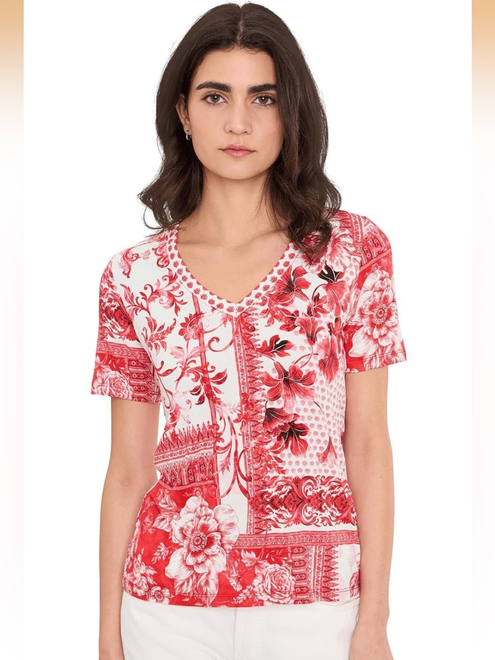 Johnny Was the Janie Favorite V-Neck Tee Diantha Scarf Red Floral Size Small